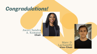 Header presenting the new chair and vice-chair